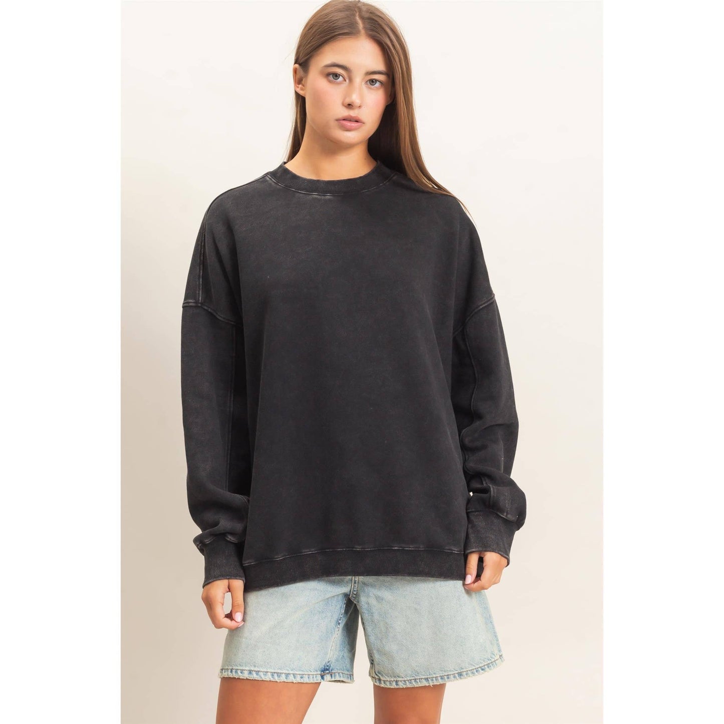 Acid Wash Crew Neck Long Sleeve Sweatshirt