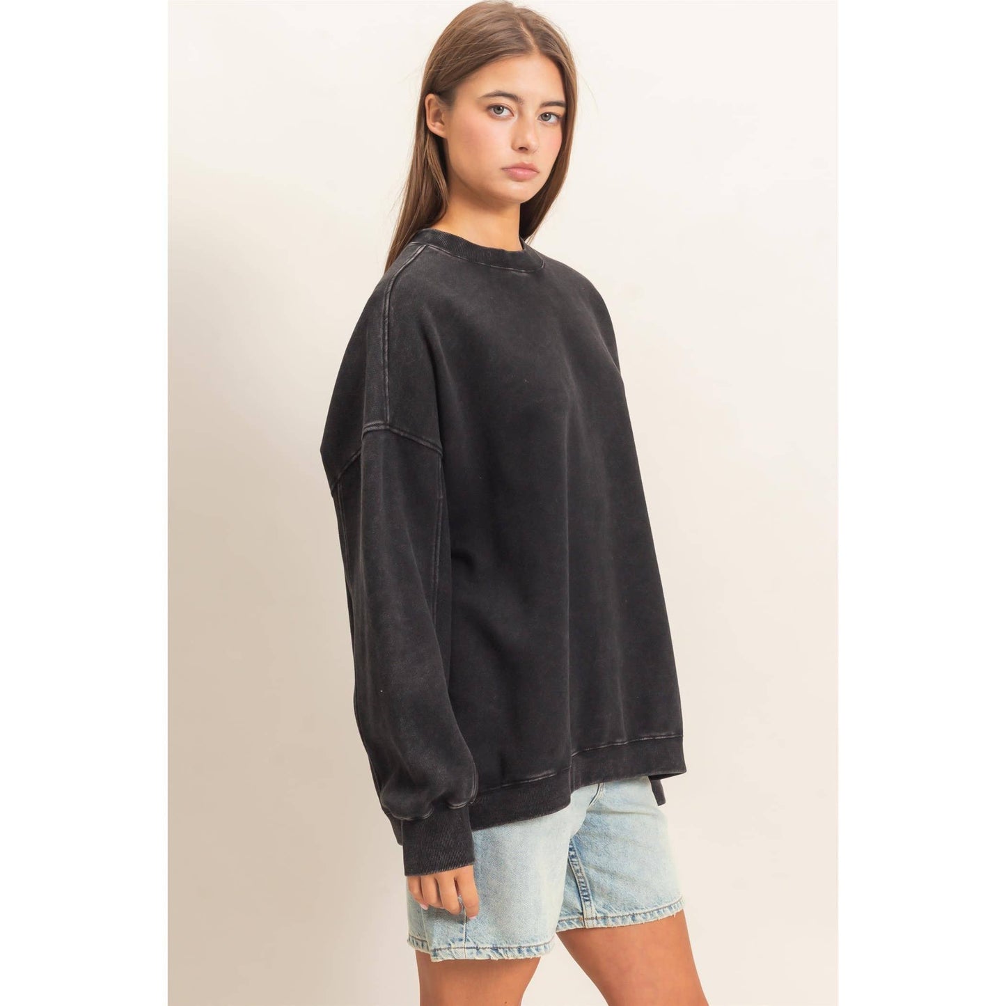 Acid Wash Crew Neck Long Sleeve Sweatshirt