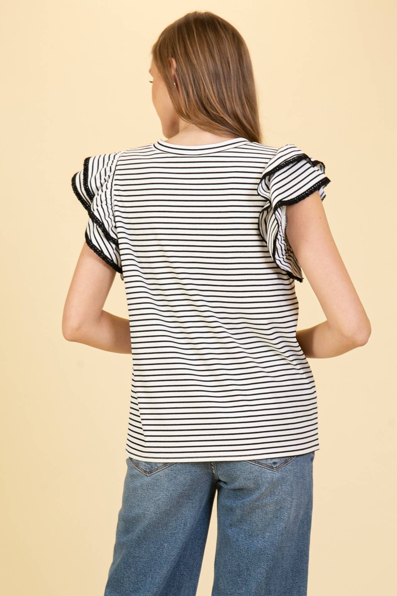 Striped Ruffle Sleeve Knit Top