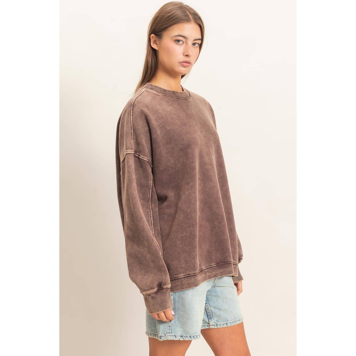 Acid Wash Crew Neck Long Sleeve Sweatshirt