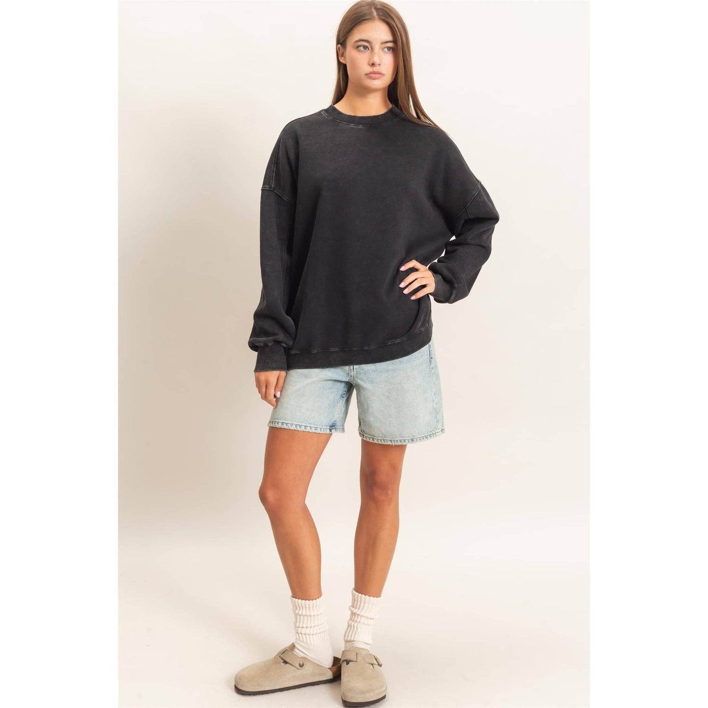 Acid Wash Crew Neck Long Sleeve Sweatshirt