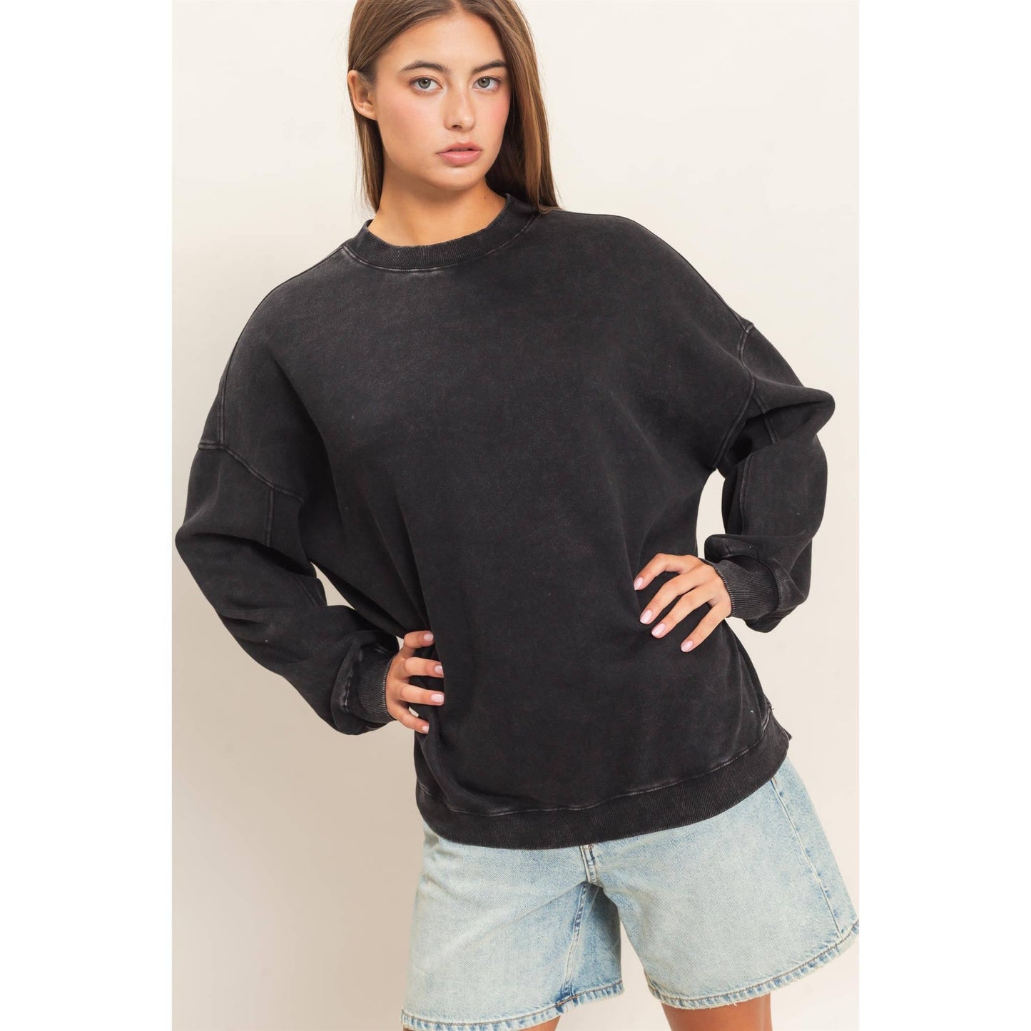Acid Wash Crew Neck Long Sleeve Sweatshirt