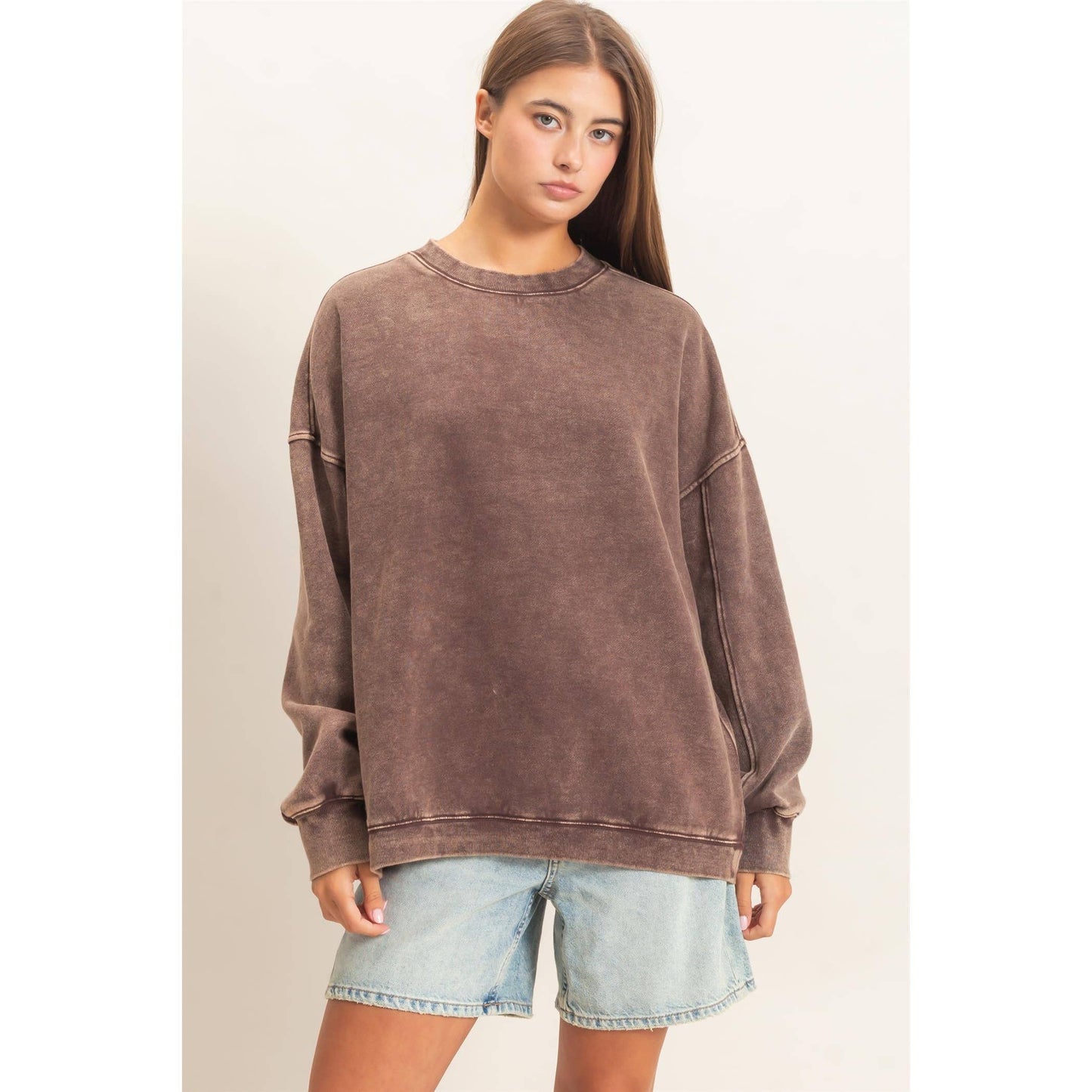 Acid Wash Crew Neck Long Sleeve Sweatshirt
