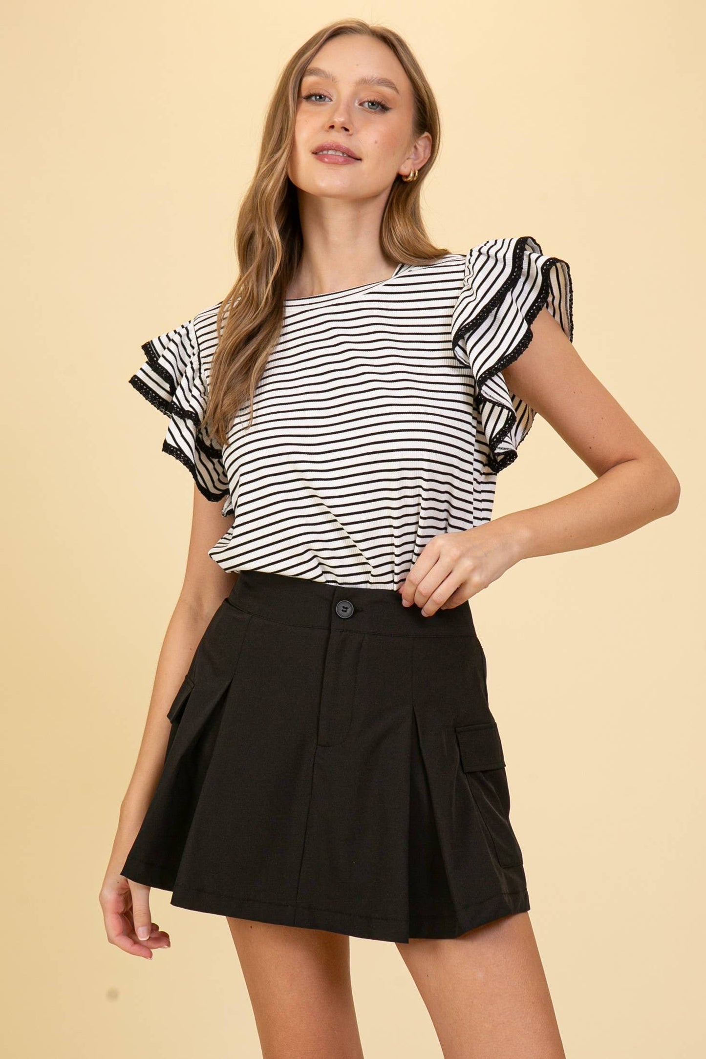 Striped Ruffle Sleeve Knit Top