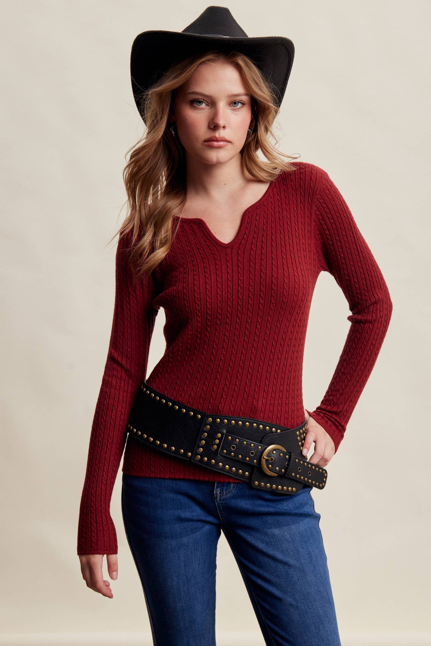 Ribbed V-Neck Knit Top
