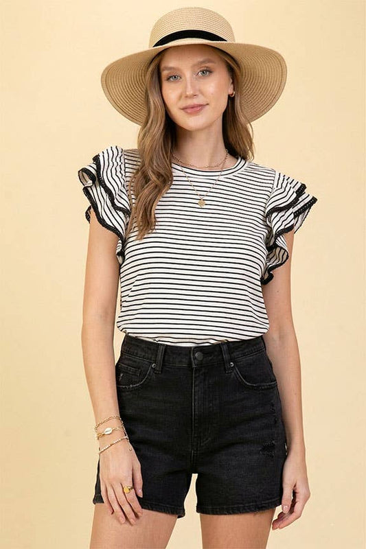 Striped Ruffle Sleeve Knit Top
