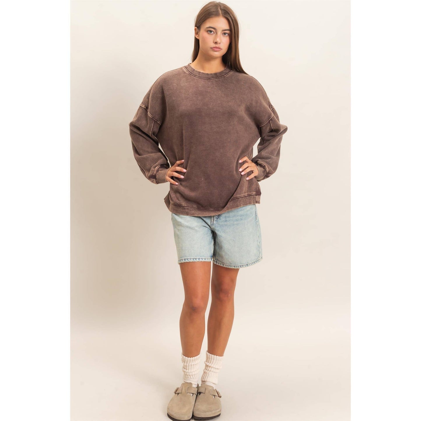 Acid Wash Crew Neck Long Sleeve Sweatshirt
