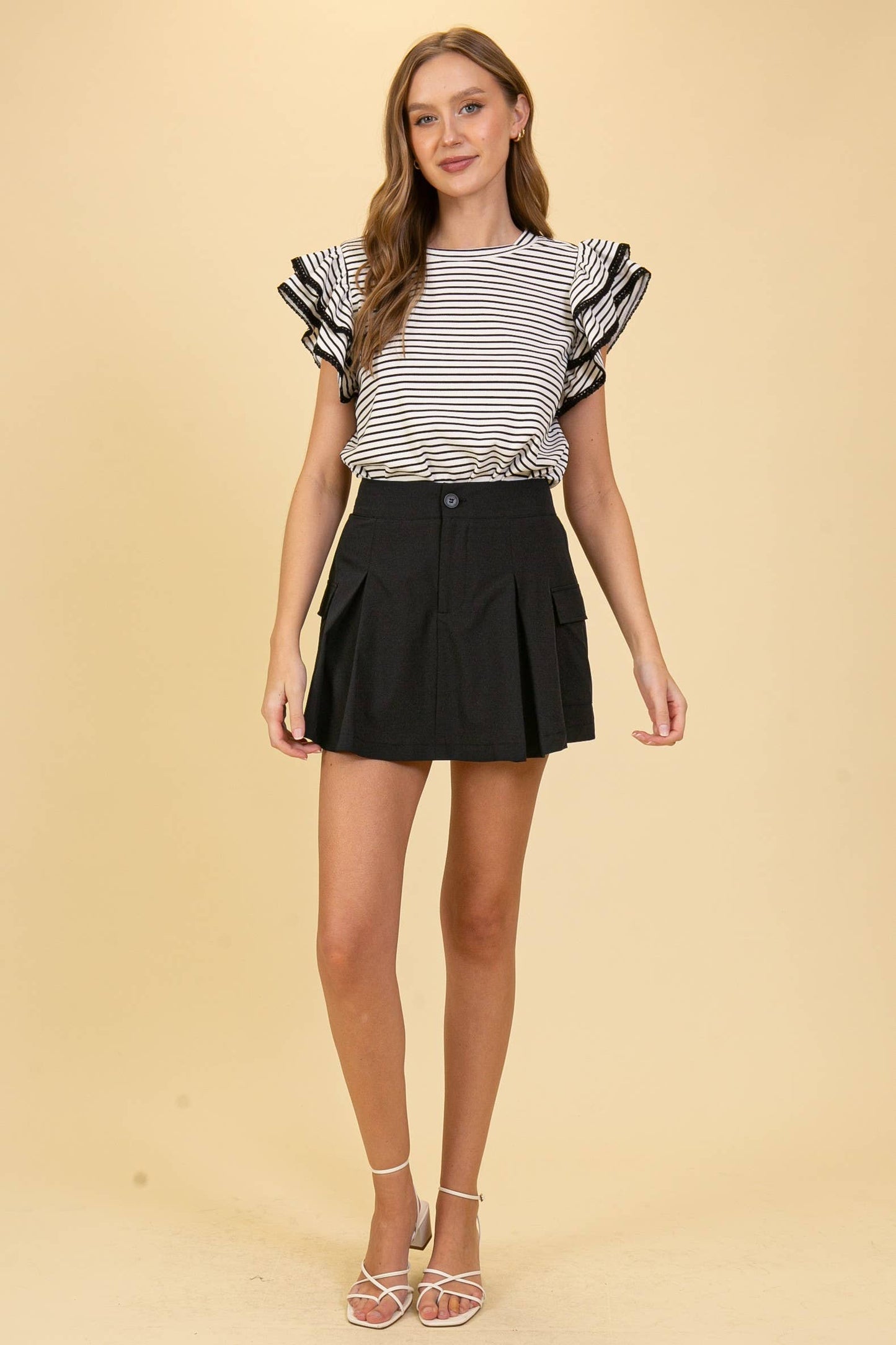 Striped Ruffle Sleeve Knit Top